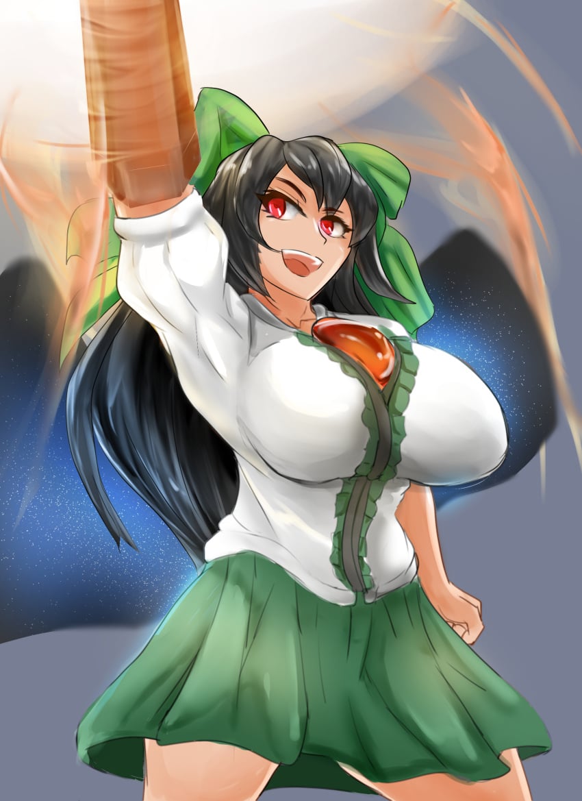 1girls arm_up black_hair breasts clothed clothed_breasts clothing color colored energy female gauntlets green_hair_bow hair hair_ornament hair_ribbon inframammary_clothing_crease large_breasts long_hair red_eyes skirt solo solo_female sync_arcs tagme touhou utsuho_reiuji white_topwear