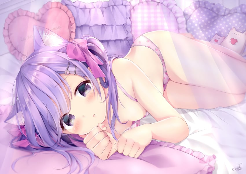 absurdres animal_ear_fluff animal_ears bed_sheet blush bow breasts cat_ears cat_girl extra_ears female female fingernails food_print full_body hair_ornament hairbow hairclip heart heart_pillow highres long_hair looking_at_viewer lying momochi_chia on_bed on_side original panties paw_hair_ornament pillow pink_bow print_panties purple_eyes purple_hair shiny shiny_hair signature small_breasts solo strawberry_bra strawberry_panties strawberry_print two_side_up underwear