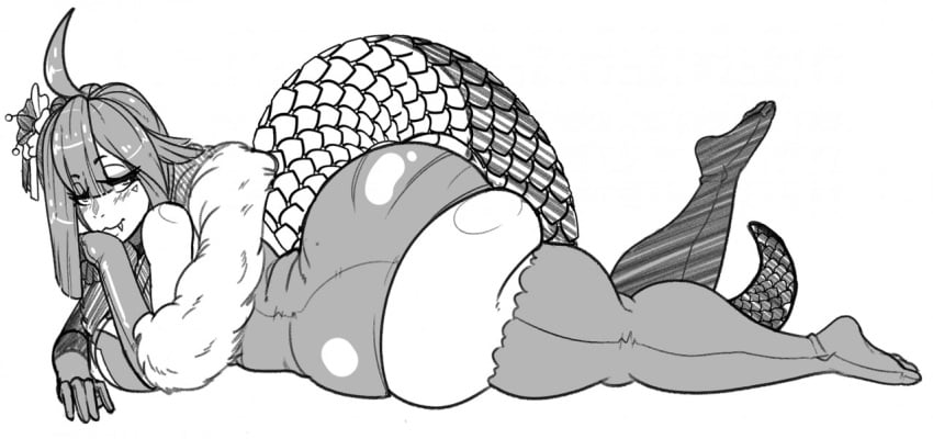 ahoge feet flower_in_hair gigantic_ass hair_ornament huge_ass huge_thighs hyper_ass looking_at_viewer lunarholt monochrome saavlewd snake_girl snake_tail thick_thighs thigh_squish thighhighs virtual_youtuber