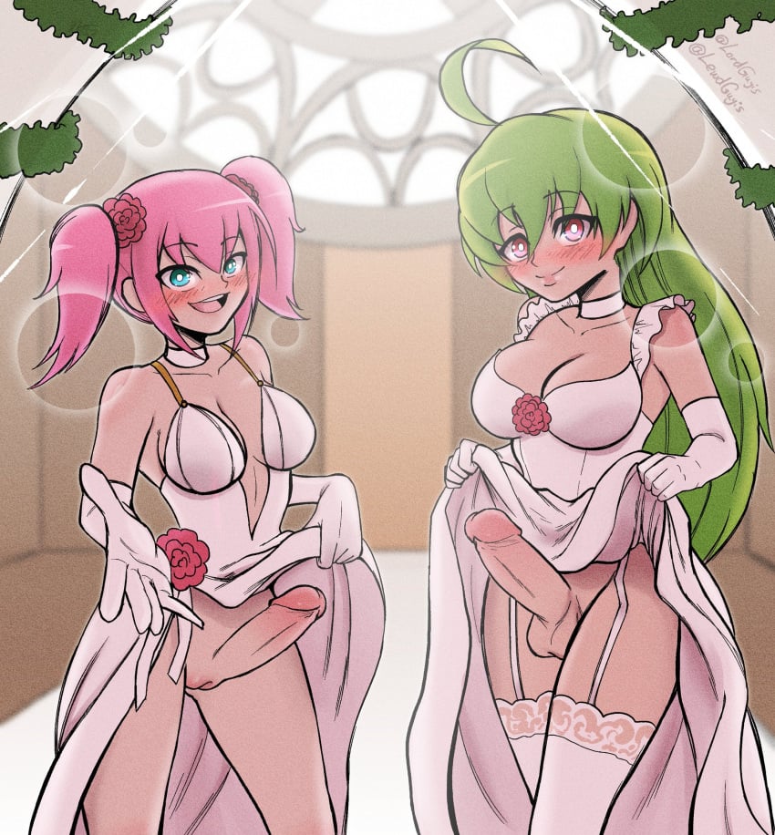 2futas balls blue_eyes blush bottomless breasts clothed clothing dress dress_lift duo elbow_gloves erection flower_in_hair futa_only futa_sans_balls futanari futanari_girls_(wikipedia) gloves green_hair human light-skinned_futanari light_skin long_hair looking_at_viewer lordguyis mostly_clothed penis pink_hair reaching_out red_eyes standing thighhighs twintails wedding wedding_dress wedding_lingerie wikipedia