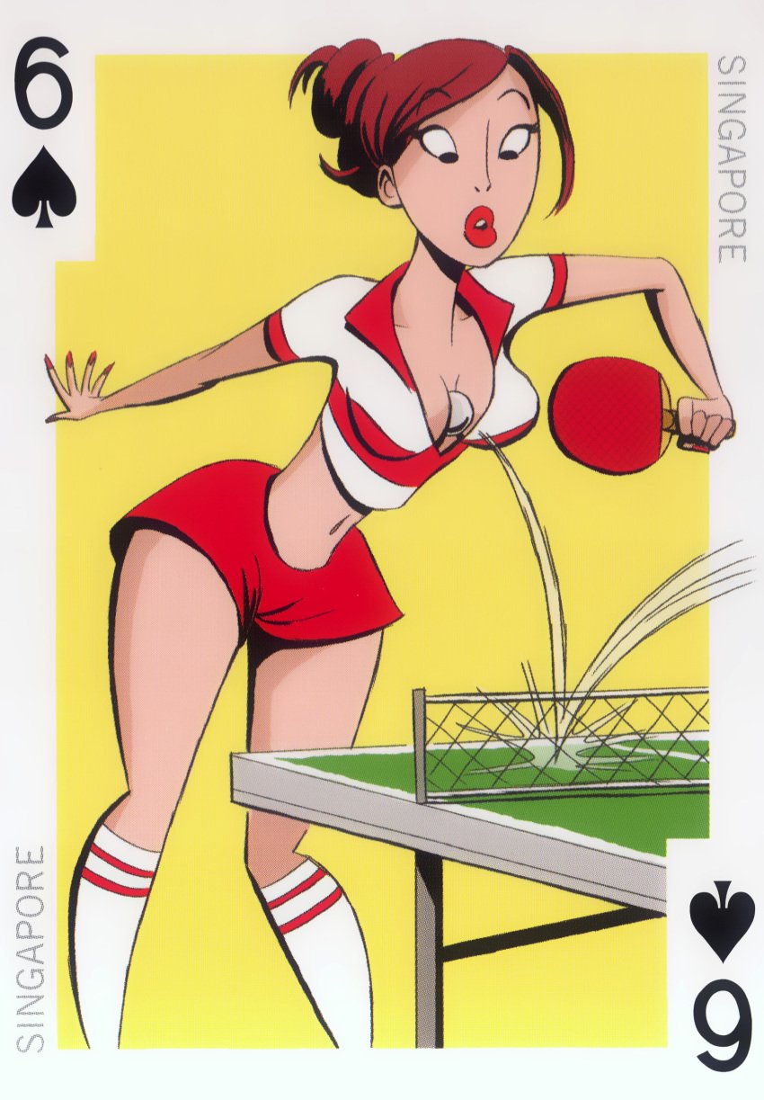 54_international_cuties asian between_breasts bill_presing brown_hair narrowed_eyes national_personification ping_pong_ball ping_pong_paddle ping_pong_table pinup playing_card short_shirt shorts singapore striped_shirt table_tennis table_tennis_ball table_tennis_paddle