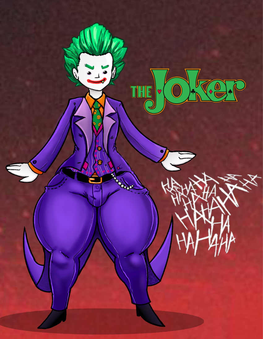 1boy batman_(series) big_thighs clown dc dc_comics digital_media_(artwork) dot_eyes femboy green_hair happy hi_res highres joker kojoarts male male_only naughtypaw_(artist) pocket_chain red_lipstick sharp_teeth slicked_back_hair smile smiley_face smiling solo suit supervillain the_lego_batman_movie thick_hips thick_thighs title_card ttherandom tthrandom tthrandom_rp villain white_skin wide_hips