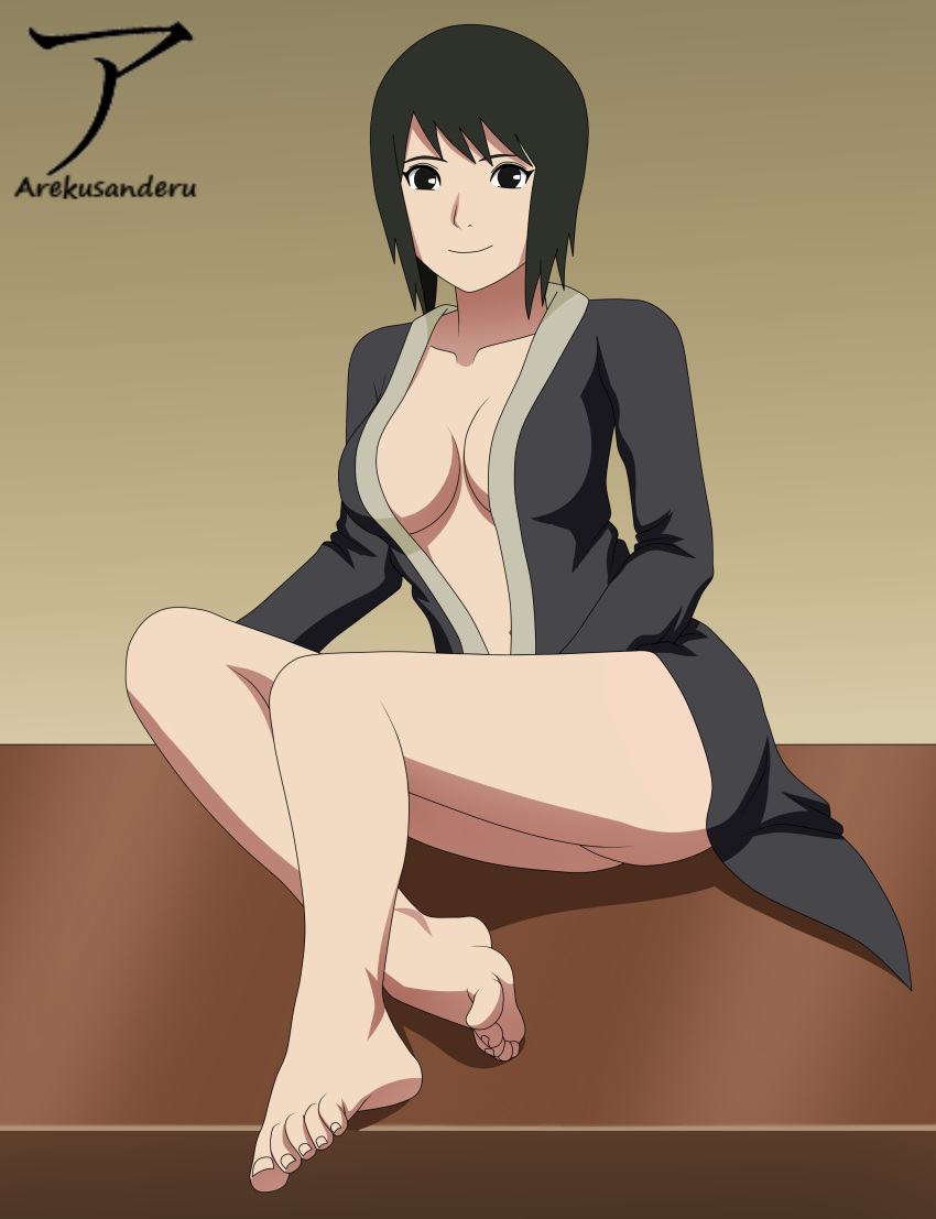 1girls against_wall arekusanderu bare_legs barefoot barely_clothed black_eyes black_hair bottomless crossed_legs female female_only kimono long_hair looking_at_viewer mostly_nude naruto naruto_(series) naruto_shippuden no_bra no_panties no_underwear on_table partially_clothed shizune sitting smile solo solo_focus table