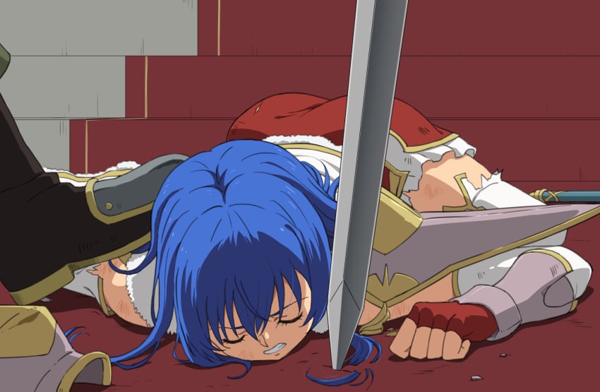 1boy 1girls ass blue_hair caeda_(beloved_queen)_(fire_emblem) caeda_(fire_emblem) closed_eyes defeated female female_focus fingerless_gloves fire_emblem fire_emblem:_mystery_of_the_emblem gloves hardin_(fire_emblem) long_hair male netorare nintendo solo_focus spoils_of_war stepped_on sunson sword weapon