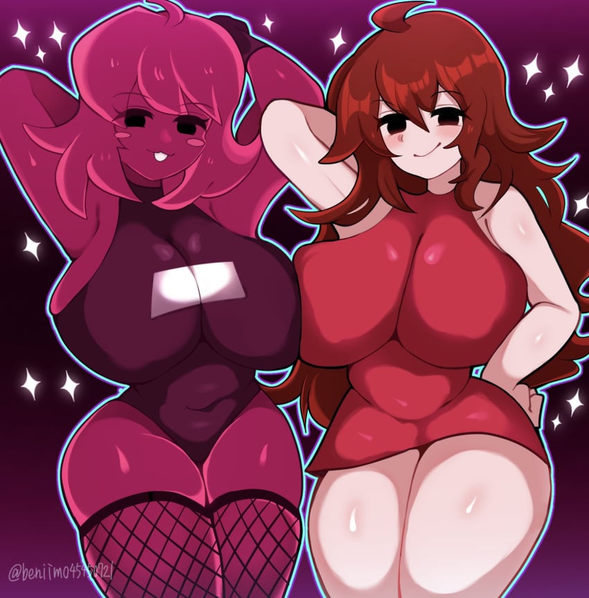 2girls :3 artist_name background beni_imo beni_imo_(beniimo45450721) big_breasts blush breast_press brown_hair dress female female_only fishnets friday_night_funkin friday_night_funkin_(minus_mod) girlfriend_(friday_night_funkin) gloves hand_behind_head hand_on_hip long_hair looking_at_viewer markings milf minus_gf_(iagoanims) mob_face red_body red_dress red_hair shading short_hair skirt sparkles thick_thighs thighs