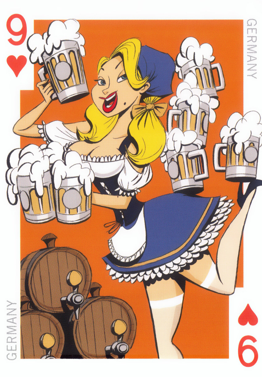 1girls 54_international_cuties balancing balancing_on_ass barrels beer bill_presing blonde_hair blue_eyes cleavage dirndl germany mammal mole_under_mouth mug national_personification oktoberfest pinup playing_card serving_drink solo solo_female solo_focus tracht traditional_clothes waitress waitress_uniform