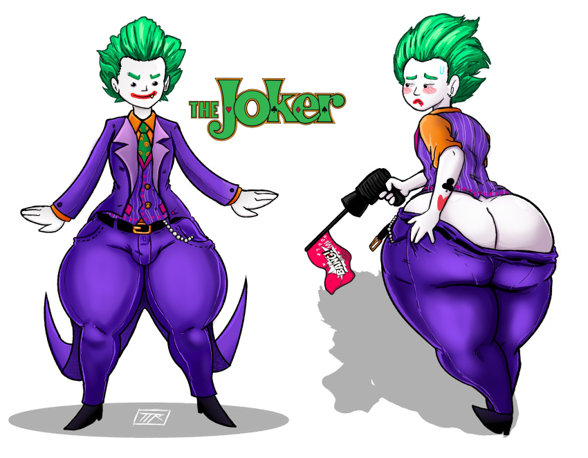 1boy ass ass_cleavage back_view batman_(series) big_ass big_butt big_thighs blush butt_crack character_sheet clown dc dc_comics digital_media_(artwork) dot_eyes dumptruck_ass embarrassed facing_away_from_viewer femboy front_view green_hair gun happy hi_res highres joker kojoarts looking_away male male_only naughtypaw_(artist) pants_down pocket_chain red_lipstick sharp_teeth slicked_back_hair smile smiley_face smiling solo suit supervillain sweatdrop the_lego_batman_movie thick_hips thick_thighs title_card ttherandom tthrandom tthrandom_rp villain white_skin wide_hips