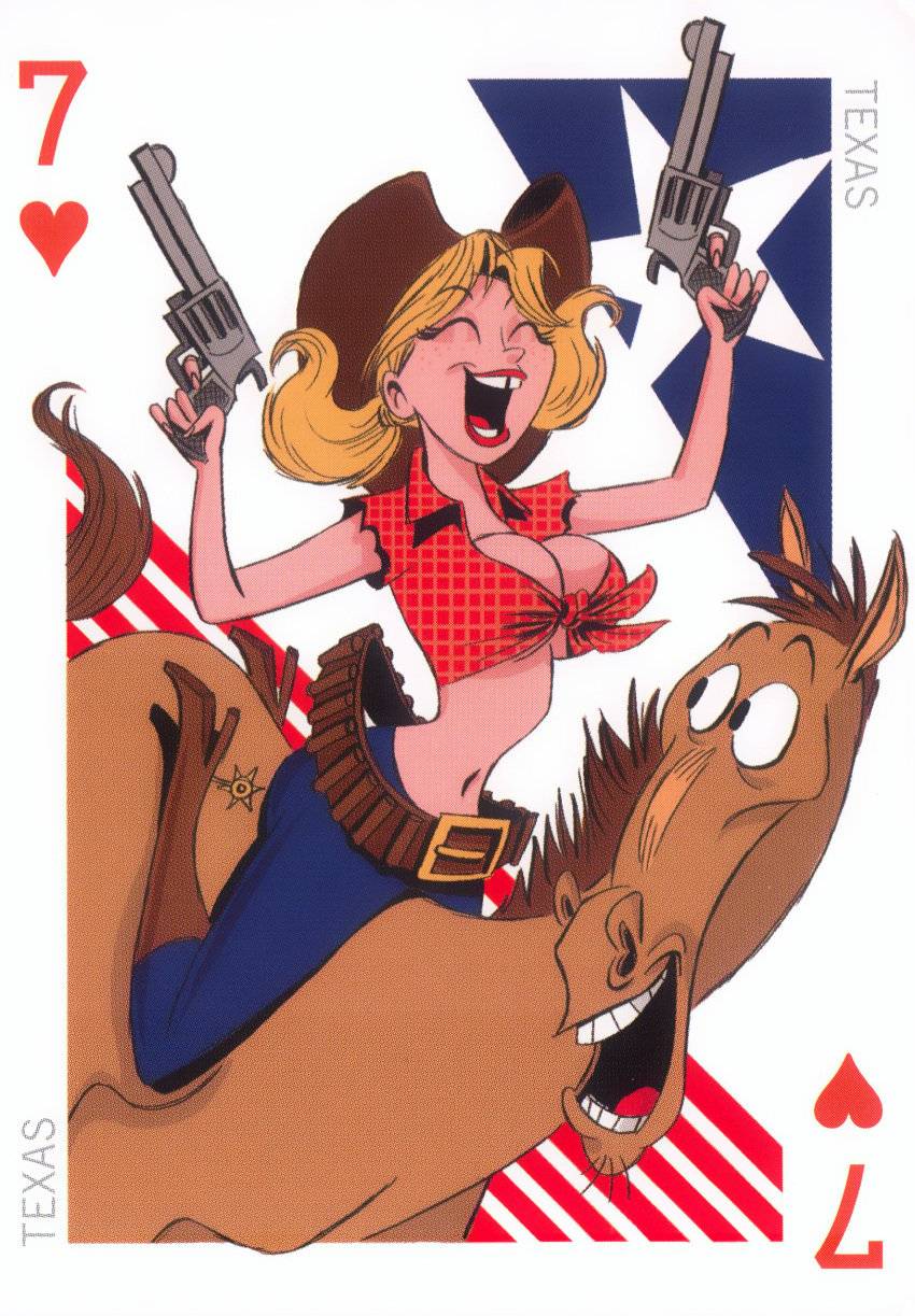 1animal 1girls 1horse 54_international_cuties ^_^ american bill_presing blonde_hair brown_boots brown_hat brown_headwear cleavage collared_shirt cowboy_boots cowboy_hat cowboy_outfit cowgirl dual_wielding female flag full_body gun happy happy_female horse horseback_riding human jeans light-skinned_female light_skin medium_breasts midriff narrow_waist national_personification no_bra pinup pistol playing_card red_shirt revolver riding short_sleeves smile spurs texas tied_shirt tooth_gap torn_sleeves twintails united_states_of_america unmoving_pattern usa weapon yeehaw