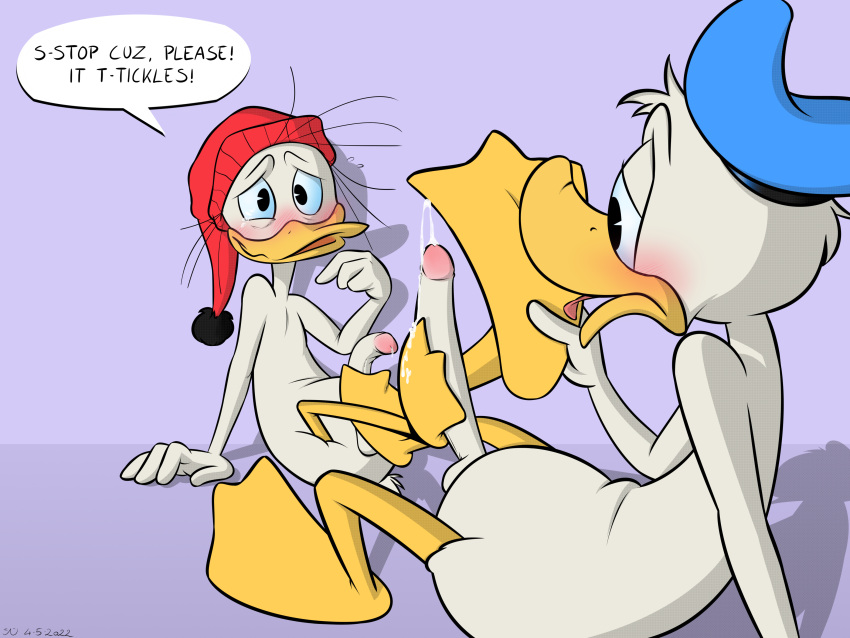 3_toes 4:3 4k absurd_res anatid anseriform anthro avian balls barefoot barely_visible_balls beak bedroom_eyes big_penis biped bird bird_feet blue_clothing blush blush_lines bodily_fluids cousins cum cum_on_feet digital_drawing_(artwork) digital_media_(artwork) disney donald_duck duck duo ejaculation embarrassed english_text erection feathers feet fethry_duck foot_fetish foot_lick foot_play footjob gay gay_incest gay_sex genital_fluids genitals half-closed_eyes half-erect hat headgear headwear hi_res humanoid_genitalia humanoid_penis incest licking licking_foot male male/male masturbation membrane_(anatomy) narrowed_eyes nude open_mouth orgasm_from_footjob paws penile penile_masturbation penis penis_size_difference precum red_clothing rubbing_penis sailor_hat seductive sex shintei signature simple_background smile soles solo speech_bubble tail_feathers text tickling_foot toes tongue tongue_out violet_background webbed_feet white_body yaoi