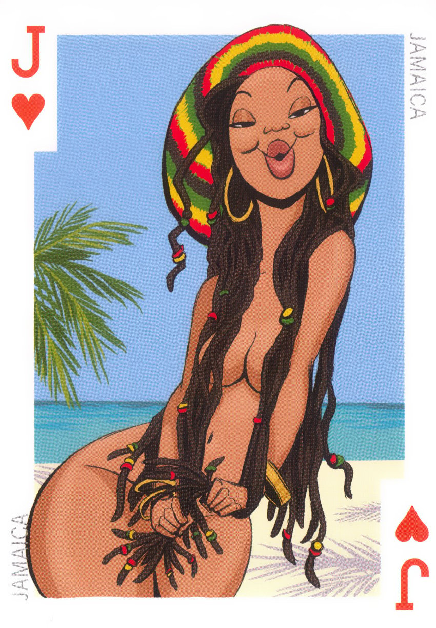 1girls 54_international_cuties banjee beach big_lips bill_presing caribbean convenient_censoring covering_breasts covering_crotch dark-skinned_female dark_skin dreadlocks earrings female hair_censor hair_over_breasts hair_over_crotch jamaica jamaican national_personification nude_female palm_tree pinup playing_card solo wide_hips