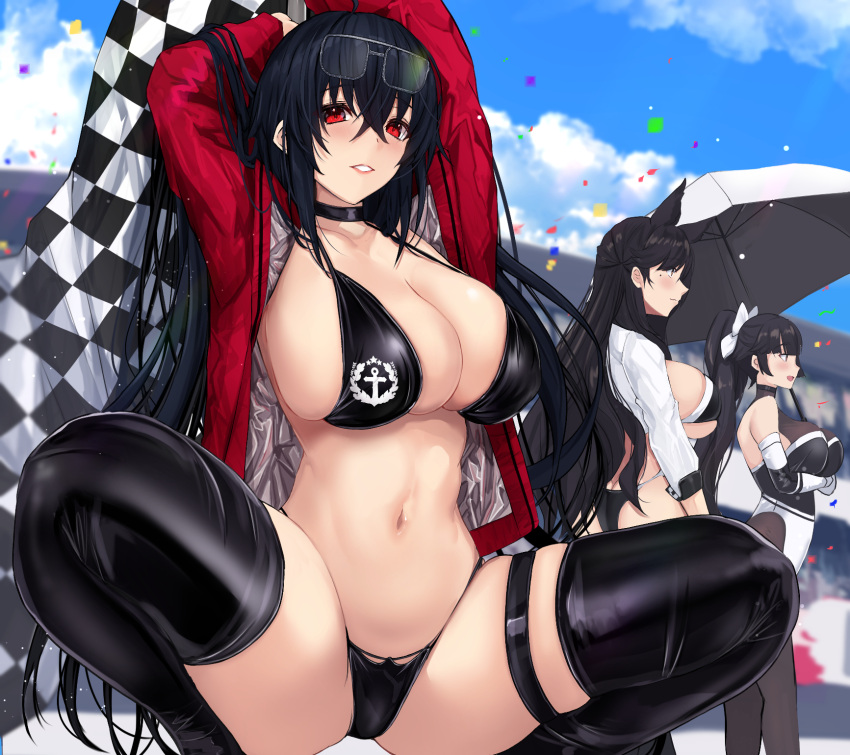 2022 3girls animal_ears asymmetrical_hair atago_(azur_lane) atago_(stunning_speedster)_(azur_lane) azur_lane bikini black_bikini black_hair breasts checkered_flag female female_only hi_res hips huge_breasts long_hair outdoors race_queen red_eyes red_jacket slim_waist spread_legs squatting taihou_(azur_lane) taihou_(enraptured_companion)_(azur_lane) takao_(azur_lane) takao_(full_throttle_charmer)_(azur_lane) thick_thighs thighhighs thighs untsue untue wide_hips yellow_eyes