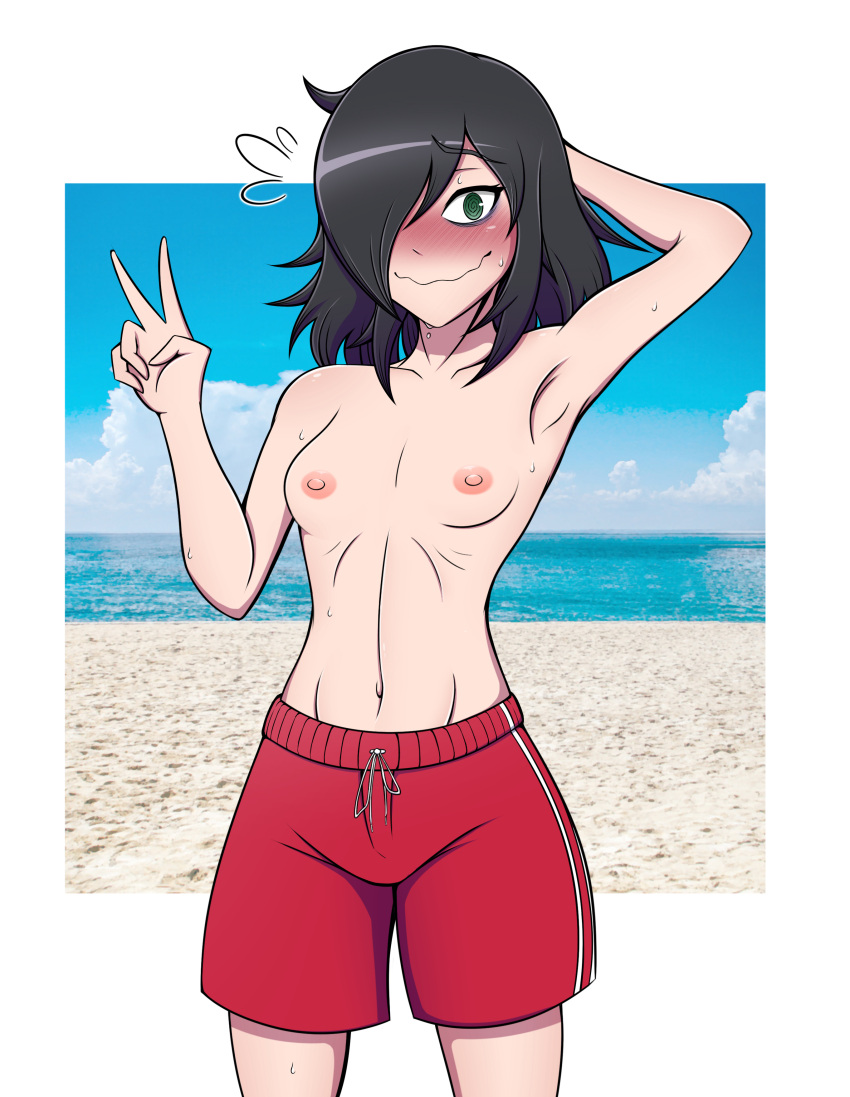 beach blush embarrassed female green_eyes hair_over_one_eye human kuroki_tomoko lolo_mp3 male_swimwear_challenge mens_swimsuit_challenge messy_hair nipples pale_skin peace_sign public sweat swimsuit swimwear topless watashi_ga_motenai_no_wa_dou_kangaetemo_omaera_ga_warui!