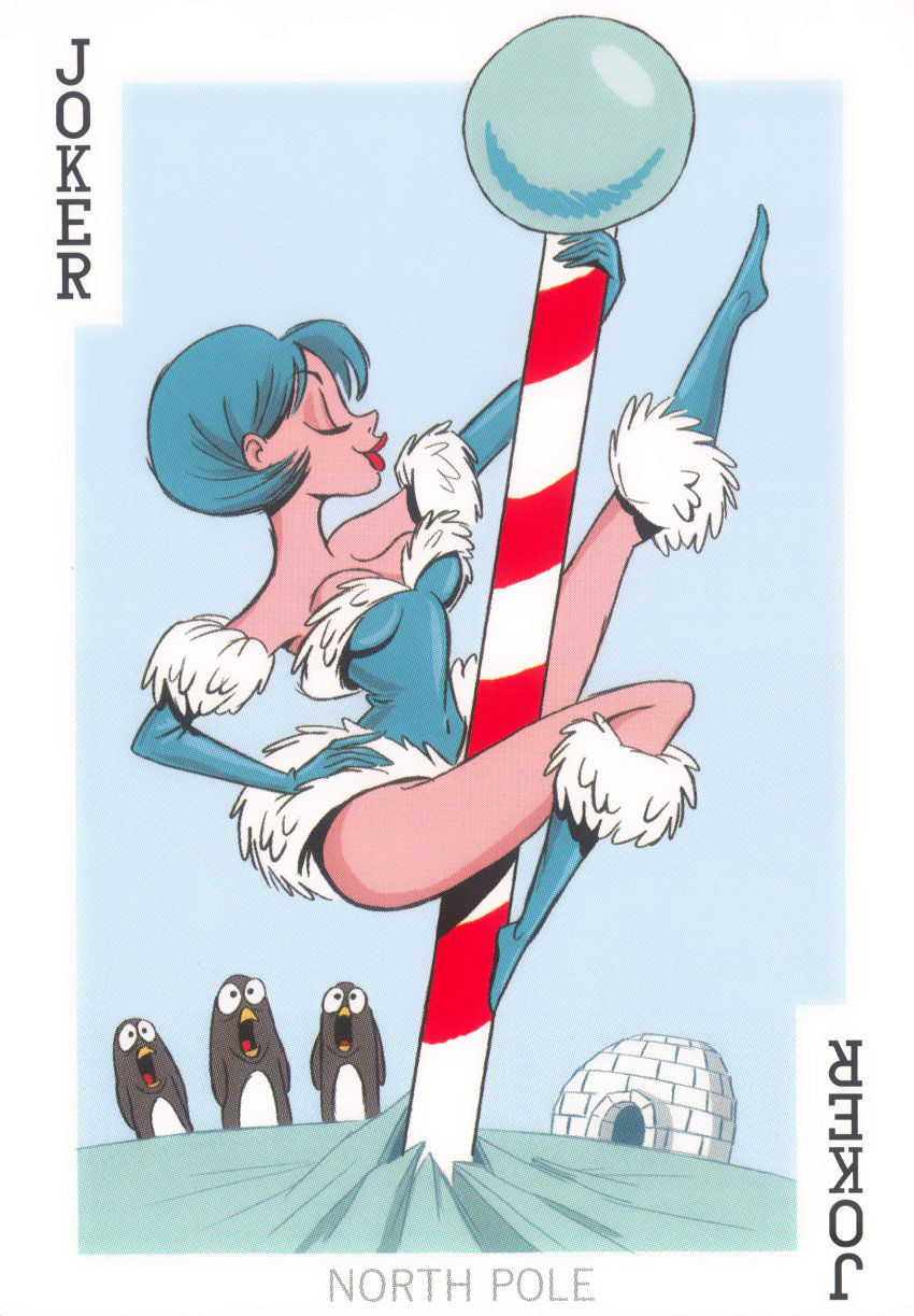 54_international_cuties artic bill_presing blue_hair igloo national_personification north_pole penguin pinup playing_card pole pole_dance pole_dancer pole_dancing santa_costume santa_outfit sexy_santa staring