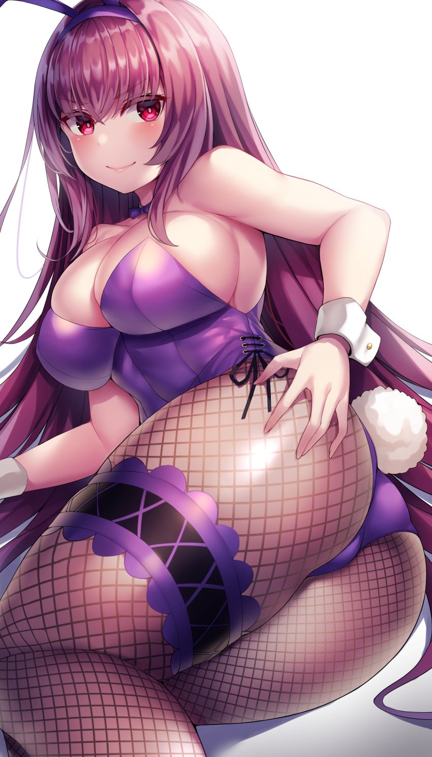 1girls absurd_res breasts bunny_ears bunny_tail bunnysuit cleavage fate_(series) female female_only fishnet_legwear fishnets hi_res large_breasts looking_at_viewer nano_1227 purple_hair red_eyes scathach_(fate) scathach_(piercing_bunny) solo wrist_cuffs