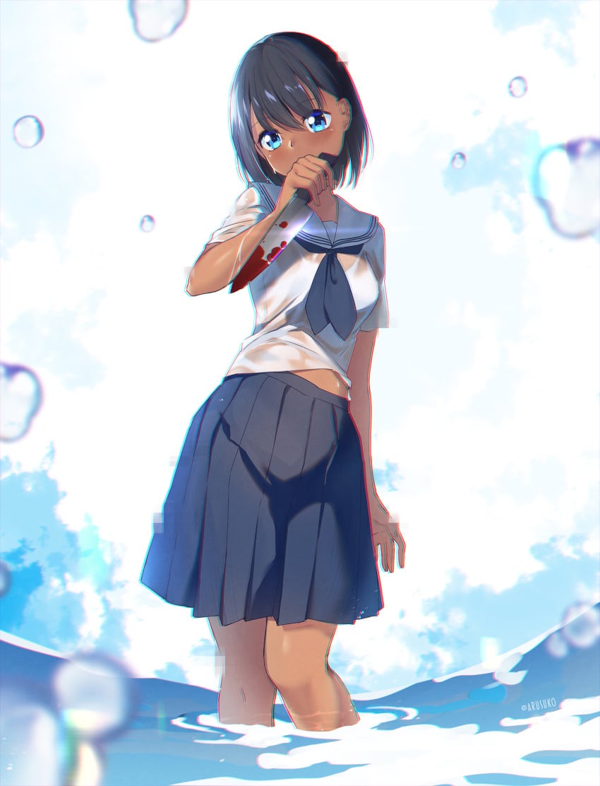 blood clothed_female knife kofune_mio school_uniform skirt staring_at_viewer summertime_render tan_body tan_skin tanned_skin virgin wet_clothes young