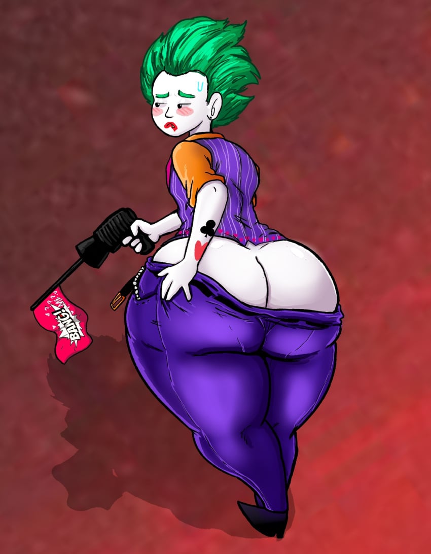 1boy ass ass_cleavage batman_(series) big_ass big_thighs blush butt_crack clown dc dc_comics digital_media_(artwork) dot_eyes embarrassed facing_away_from_viewer femboy green_hair gun hi_res highres joker kojoarts looking_away male male_only naughtypaw_(artist) pants_down pocket_chain red_lipstick sharp_teeth slicked_back_hair solo suit supervillain sweatdrop the_lego_batman_movie thick_hips thick_thighs ttherandom tthrandom tthrandom_rp villain white_skin wide_hips