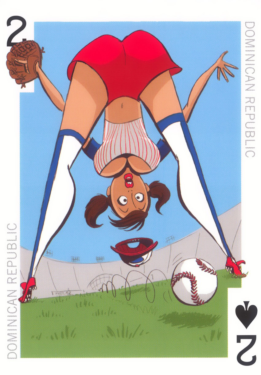 1girls 54_international_cuties ass baseball baseball_cap baseball_glove baseball_uniform bill_presing caribbean cleavage dark-skinned_female dark_skin dominican dominican_republic female latin_america latina looking_between_legs national_personification pinup playing_card shocked shocked_expression shoes shorts socks solo sports stadium surprised surprised_expression thighs twintails upside-down