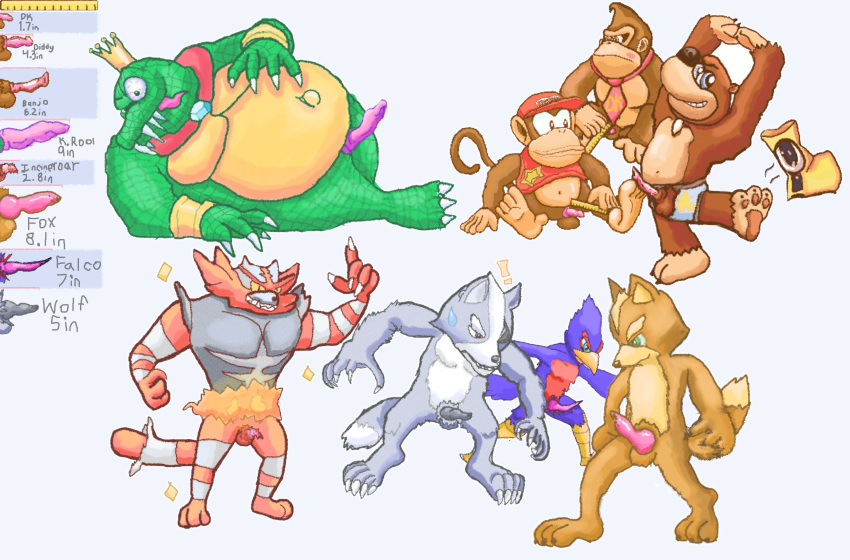 absurd_res animal_genitalia animal_penis anthro ape avian_penis banjo-kazooie banjo_(banjo-kazooie) boner canid canine canine_penis canis clothing comparing comparing_penis crocodile crocodilian crocodylid diddy_kong domestic_cat donkey_kong donkey_kong_(series) embarrassed erection falco_lombardi felid feline feline_penis felis fox fox_mccloud genitals gorilla group haplorhine hi_res incineroar invalid_tag k_rool knot male male_focus male_only mammal measuring measuring_penis monkey nintendo penile_spines penis pokémon_(species) pokemon primate rareware rarewarefan42 reptile scalie star_fox underwear video_games wolf wolf_o'donnell