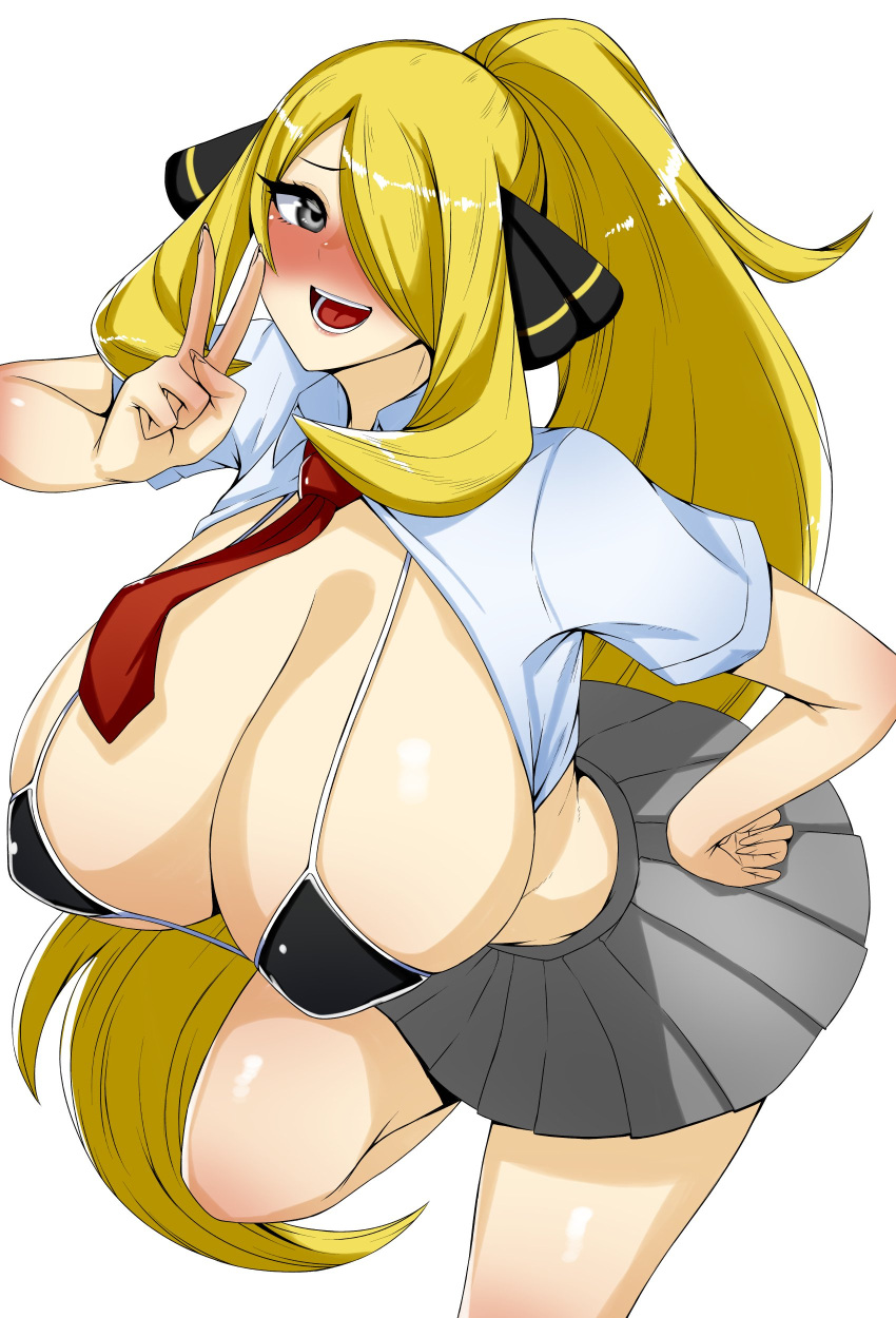 1girls alternate_breast_size blonde_hair blush breasts busty cynthia_(pokemon) female huge_breasts looking_at_viewer milf necktie onji peace_sign pokemon ponytail school_uniform schoolgirl skirt