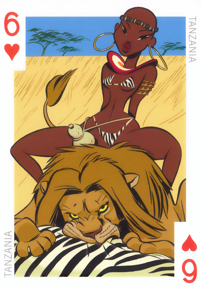 54_international_cuties african african_female bald bikini bill_presing dark-skinned_female dark_skin earrings eating headband lion national_personification pinup playing_card riding savana shaved_head tanzania tribal zebra zebra_bikini zebra_print