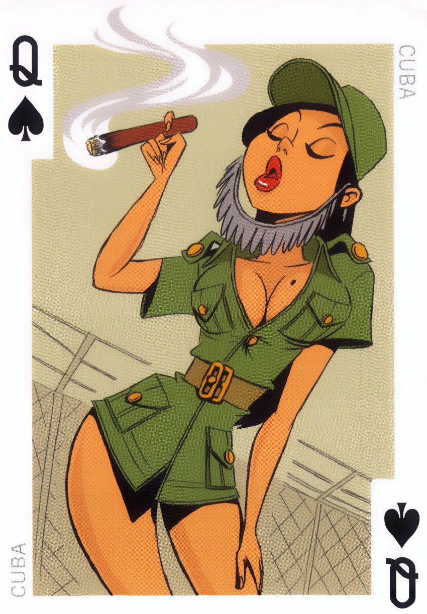 1girls 54_international_cuties bill_presing black_hair caribbean cigar cleavage closed_eyes cuba cuban dark-skinned_female dark_skin fake_beard female fence fidel_castro latina military_hat military_jacket military_uniform mole_on_breast national_personification pinup playing_card shirt_only smoking solo thighs