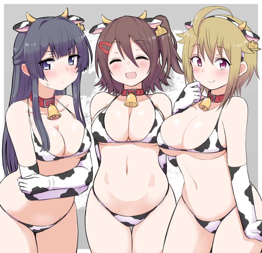 3girls animal_ears animal_print bell bikini blush breasts cleavage cow_ears cow_horns cow_print cowboy_shot elbow_gloves fake_animal_ears gloves highleg highleg_panties highres horns ibuki_tsubasa idolmaster idolmaster_million_live! kasuga_mirai kotaro_(tef_echo) large_breasts leather_choker looking_at_viewer medium_breasts mogami_shizuka multiple_girls navel neck_bell panties print_bikini skindentation strawberry_pop_moon_(idolmaster) sweatdrop swimsuit thigh_gap underboob underwear