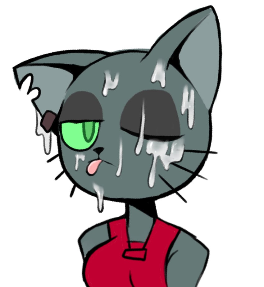 2022 anonymous_artist anthro bodily_fluids cum cum_on_face daystone domestic_cat felid feline felis female genital_fluids green_eyes green_sclera hi_res kocia_pierdocia mammal notched_ear one_eye_closed simple_background sleeveless_shirt solo tongue tongue_out white_background