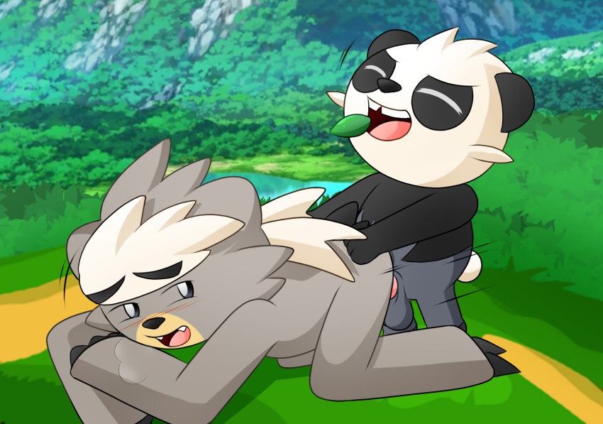 anal black_body black_eyes black_fur duo feral fire_conejo fur giant_panda grey_body grey_fur hi_res kubfu legendary_pokémon male male/male mammal multicolored_body multicolored_fur nintendo pancham pokémon_(species) pokemon size_difference two_tone_body two_tone_fur ursid video_games