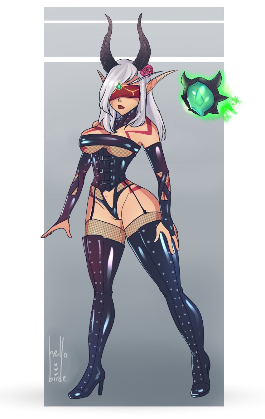 black_boots blindfold blood_elf blood_elf_demon_hunter boots demon_hunter demon_hunter_(warcraft) dominant_female dominatrix female_only heels horns leather_boots leather_gloves original_character tattoos white_hair world_of_warcraft zaralectra_duskpyre