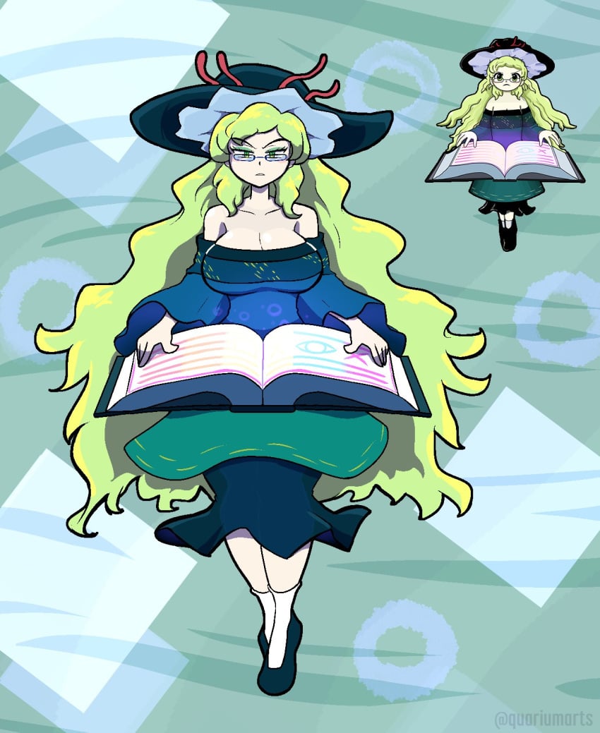 book breasts clothed clothing dress fan_character female female_only glasses green_eyes hair hat light-skinned_female light_skin lime_hair long_hair medium_sleeves quarium reference_image reference_inset saga_kuramu sapphire_panlogism sfw touhou very_long_hair