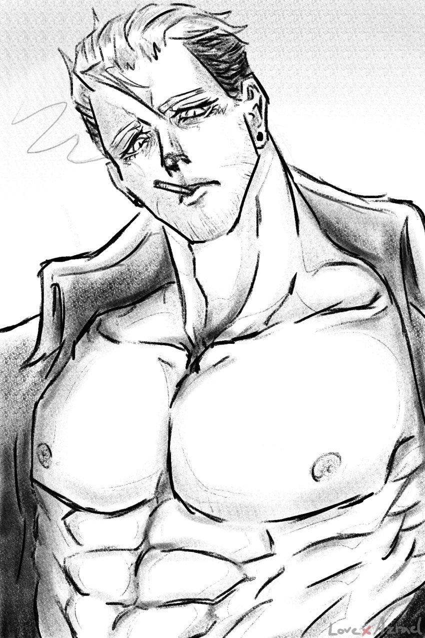 black_and_white front_view looking_at_viewer lovexazrael male man_breasts muscle muscular muscular_male oc original_character sketch smoking smoking_cigarette solo solo_male