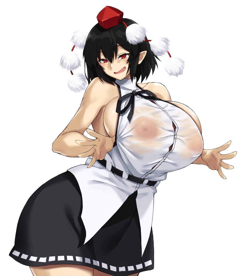 1girls big_ass black_hair blush bnc_(bunshi) clothed crow female hat huge_breasts medium_hair nipples_visible_through_clothing pointy_ears red_eyes red_hat shameimaru_aya smile solo tagme tengu tokin_hat touhou