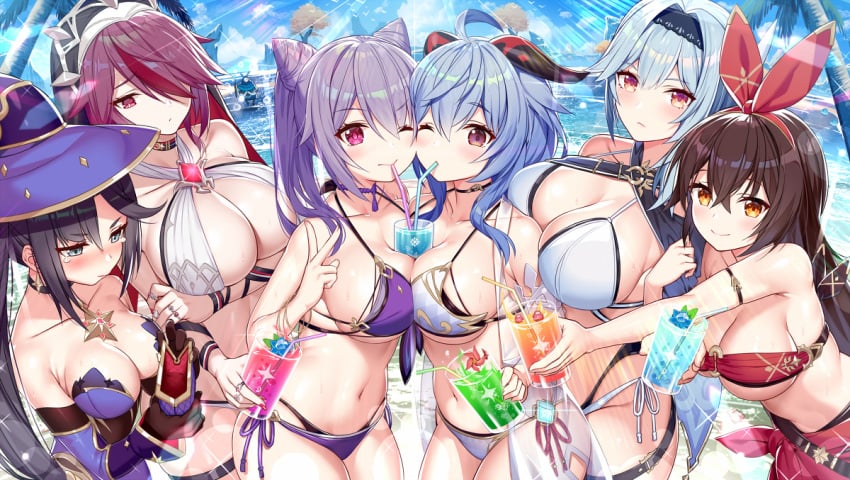 6+girls akusema amber_(genshin_impact) beach bikini eula_(genshin_impact) female_only ganyu_(genshin_impact) genshin_impact group keqing_(genshin_impact) mona_(genshin_impact) rosaria_(genshin_impact) take_your_pick wholesome