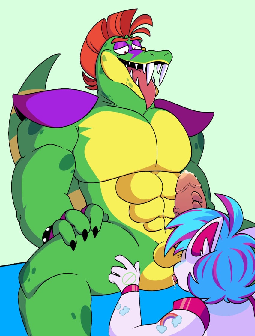 abs animal_genitalia anthro badkat03 balls blue_hair blush commission commissioner_insert erection five_nights_at_freddy's five_nights_at_freddy's:_security_breach genitals green_body green_skin licking_anus licking_ass looking_at_partner looking_down male male/female male_focus mohawk_(hairstyle) montgomery_gator_(fnaf) muscular_male myra_(delphoxmomma) original_character penis precum purple_hair rimjob rimming saliva scalie spiked_penis straight tail tongue tongue_out video_games