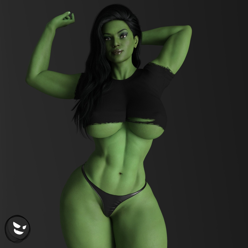 1girls 3d 3d_(artwork) abs big_breasts black_background black_clothing black_hair celebrity crop_top female female_only gm_studios green-skinned_female green_eyes green_skin hourglass_figure huge_breasts hulk_(series) large_breasts looking_at_viewer marvel marvel_comics navel panties pinup_pose pose posing revealing_clothes she-hulk she-hulk:_attorney_at_law simple_background skimpy smile solo solo_female tatiana_maslany thick_thighs thong toned toned_female underboob