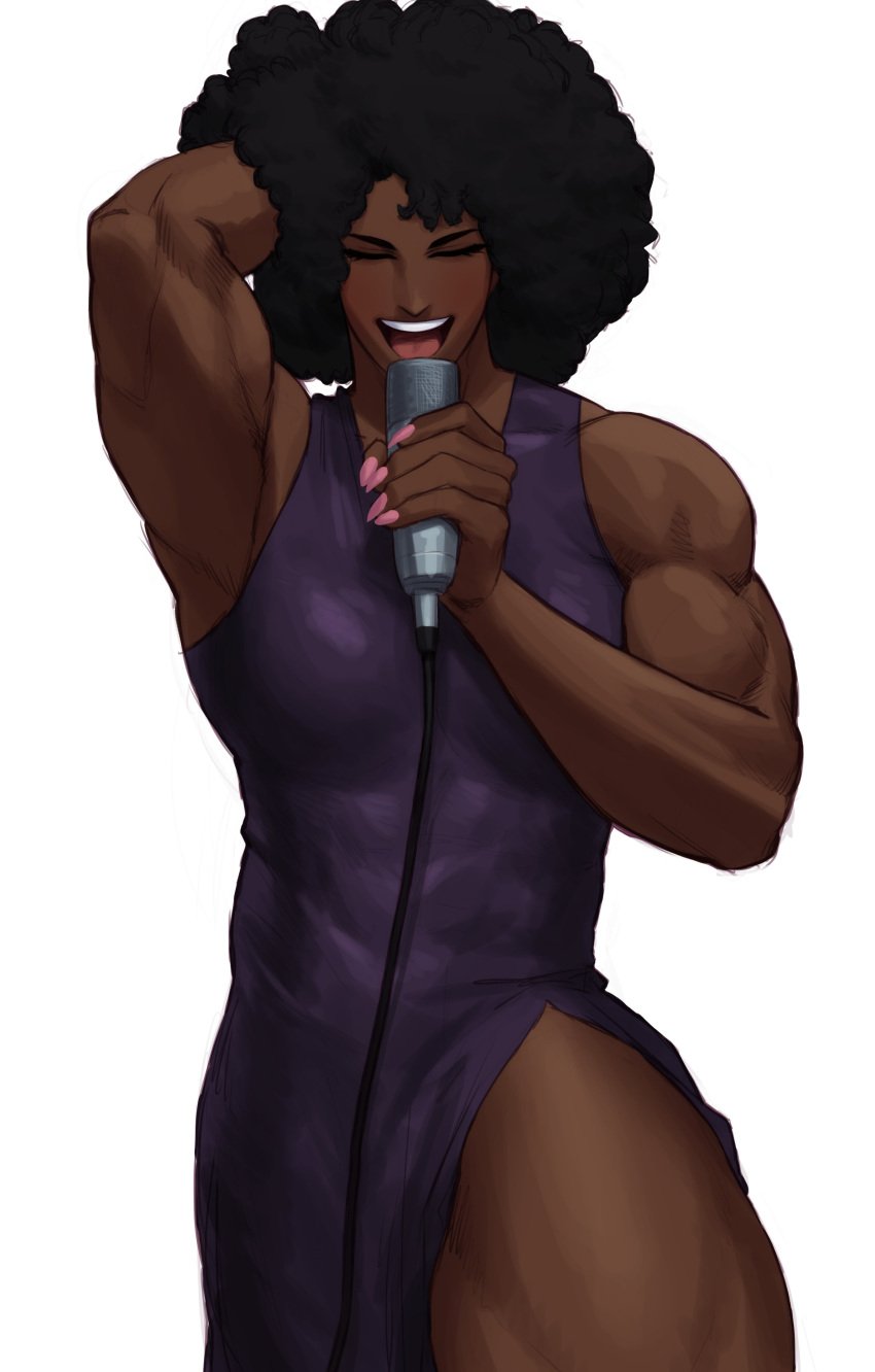 1girls absurd_res afro arm_behind_head black_hair closed_eyes commission dark-skinned_female dark_skin dress female female_only microphone muscular muscular_female pink_nail_polish singing solo solo_female sotcho thick_thighs thunder_thighs white_background