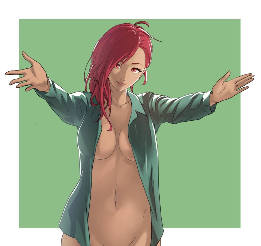 1girls breasts dark-skinned_female dark_skin embrace female female_only fire_emblem fire_emblem:_three_houses hapi_(fire_emblem) hug incoming_hug looking_at_viewer medium_breasts medium_hair naked_shirt nintendo nude nude_female open_clothes open_shirt pomelomelon red_eyes red_hair shirt smile solo upper_body