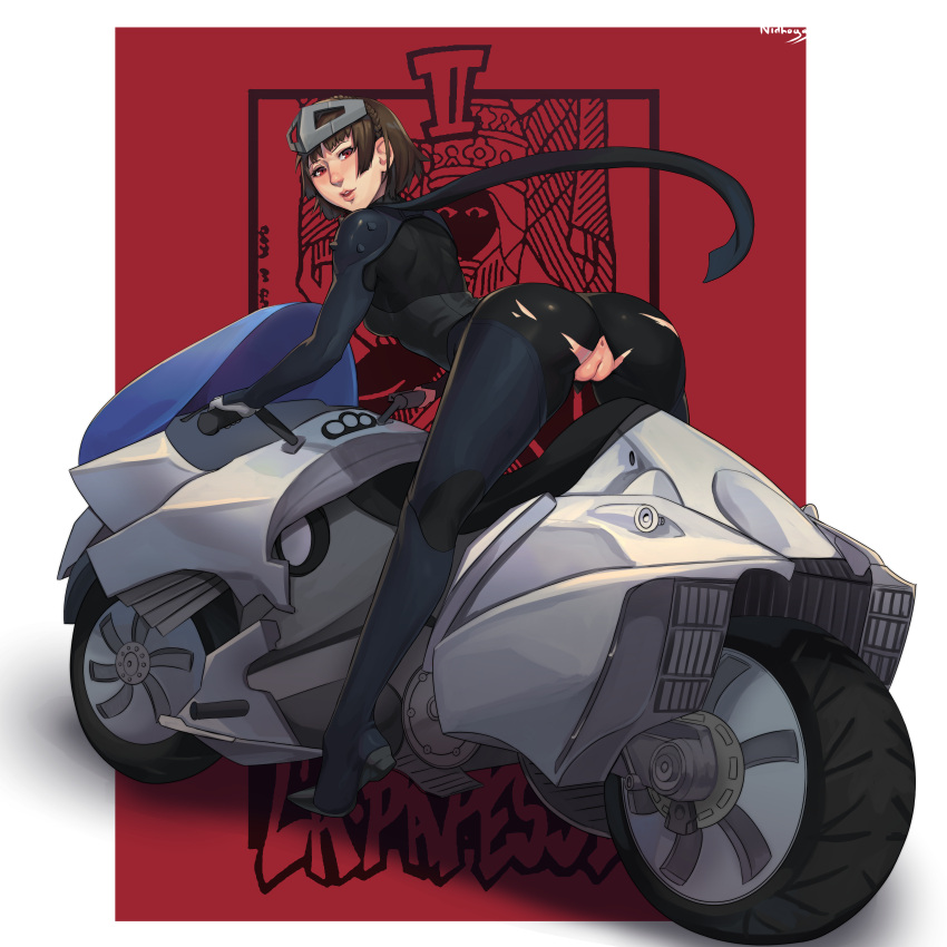 1girls absurd_res anus artist_signature ass bike blush bodysuit brown_hair fat_mons female female_focus hi_res human johanna_(persona) looking_at_viewer makoto_niijima motorcycle motorcycle_suit nidhoggn pale_skin persona persona_(species) persona_5 phantom_thief_suit puffy_pussy pussy red_eyes ripped_bodysuit scarf solo solo_focus tagme torn_clothes vehicle very_high_resolution