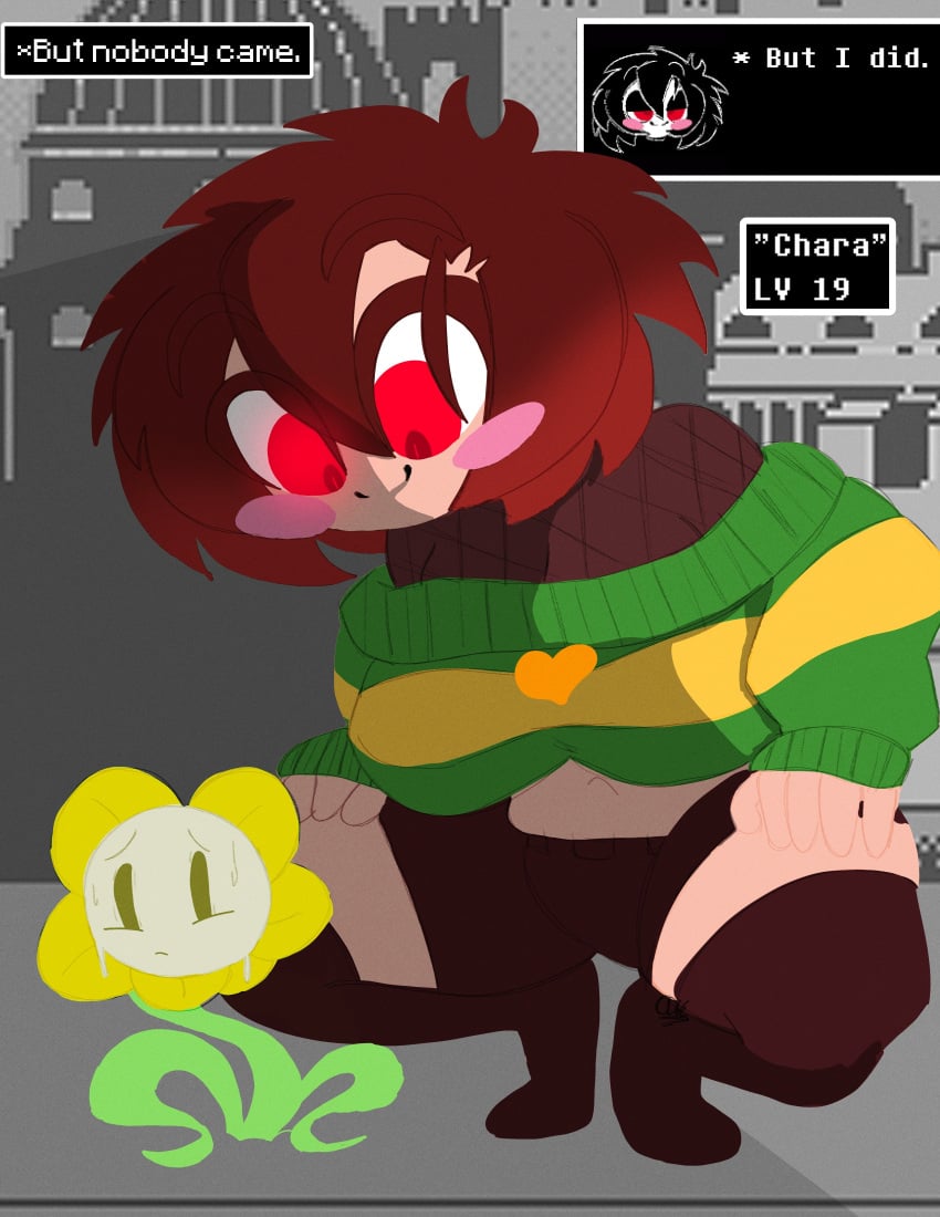 1girls 2d big_boobs big_breasts cdk chara clothed clothing crop_top dialogue english_text ex!chara ex!tale female flowey_the_flower fully_clothed game_ui heart human human_female looking_down red_eyes squatting staring sweat talking text text_box thick_thighs thighhighs undertale undertale_(series)