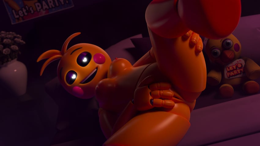 <3_eyes 3d absurd_res anthro ashleyorange avian bedroom bird breasts chicken eyeshadow feathers female five_nights_at_freddy's five_nights_at_freddy's_2 galliform gallus_(genus) heart hi_res humanoid machine makeup masturbation nipples orange_feet orange_legs phasianid robot robot_humanoid scottgames solo solo_focus toy_chica_(ashleyorange) toy_chica_(fnaf) video_games yellow_body yellow_feathers