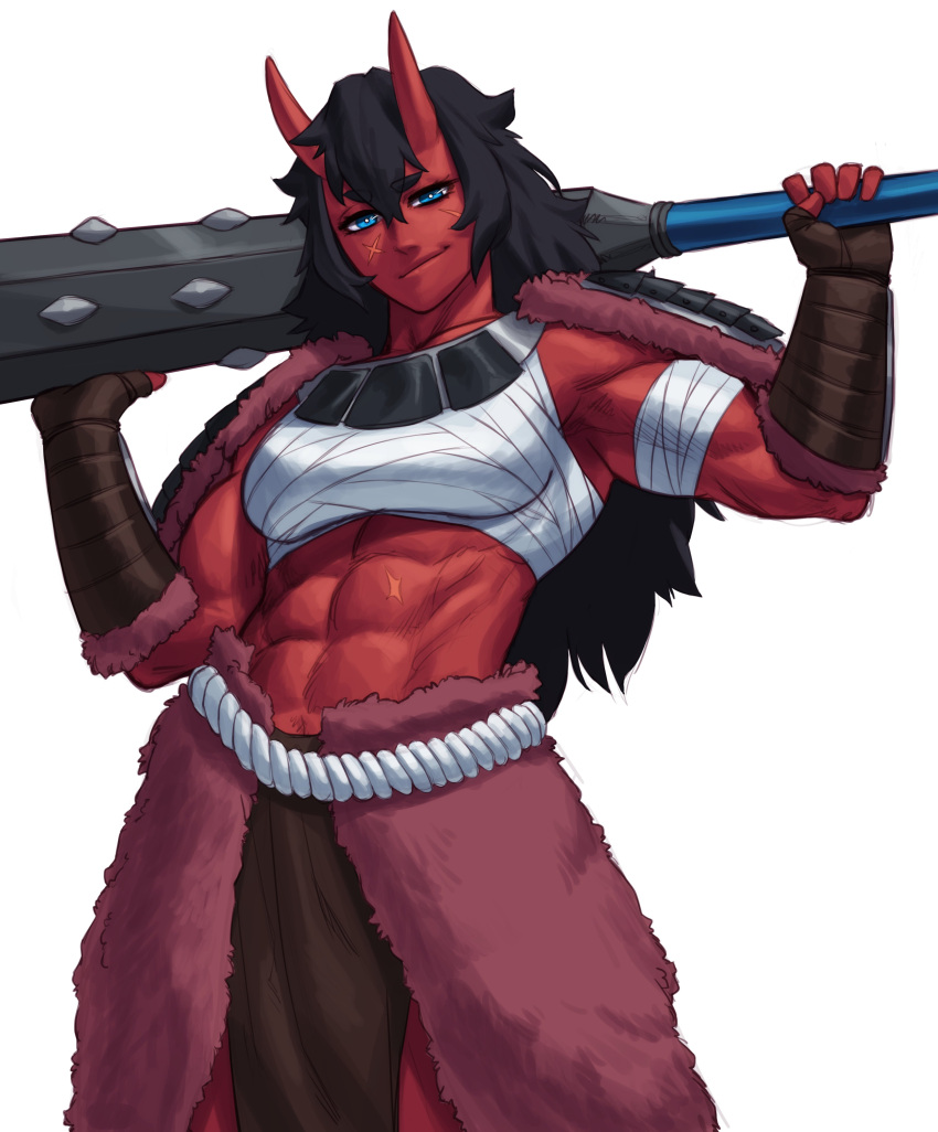 1girls absurd_res armor armwear black_hair blue_eyes clothing club commission eyes_mostly_closed female female_only horns japanese_mythology kanabou long_hair looking_at_viewer muscular muscular_female narrowed_eyes oni oni_horns red-skinned_female red_skin smiling smiling_at_viewer solo sotcho weapon_on_shoulder white_background