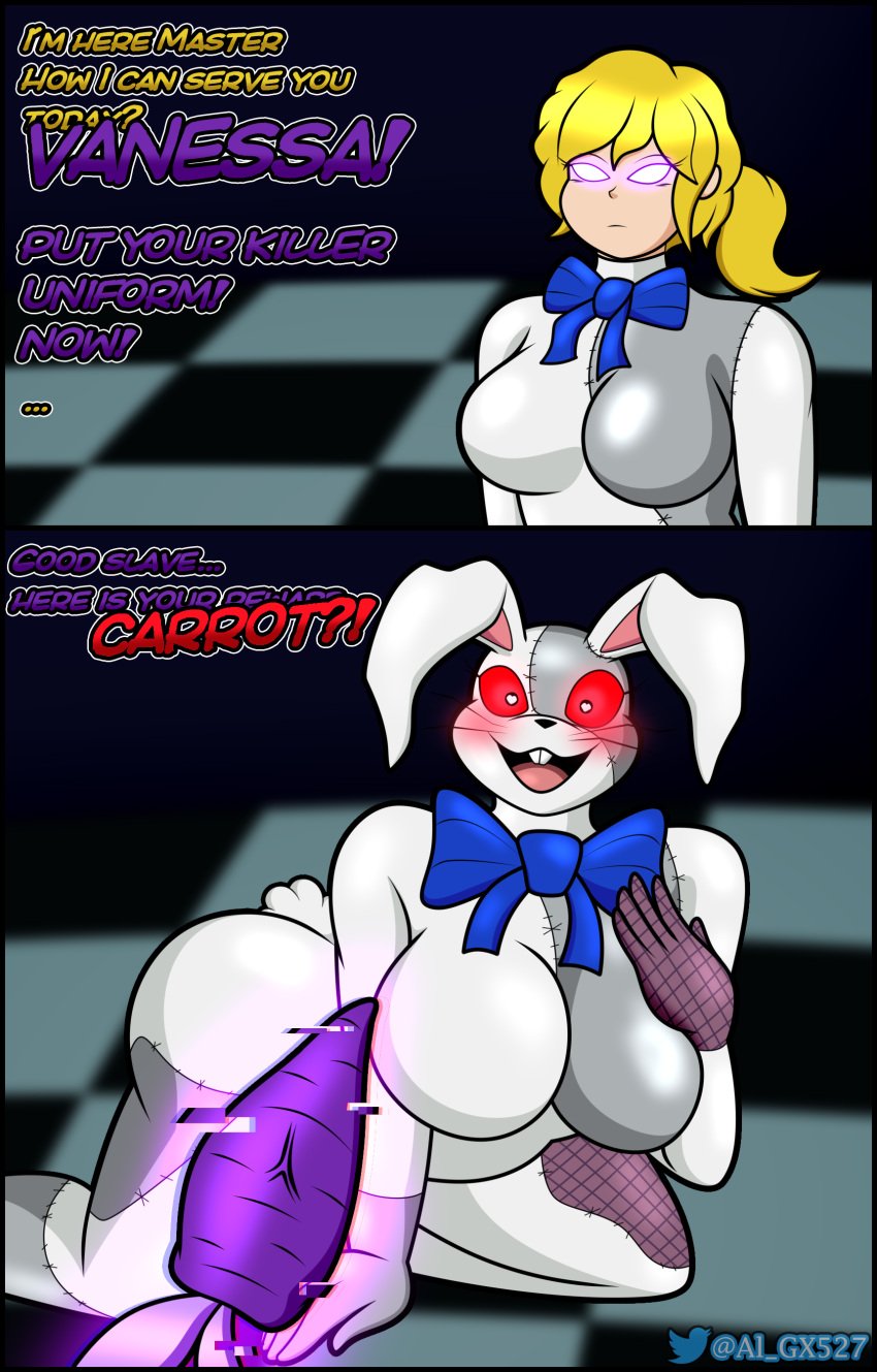 al_gx all_fours assimilation big_breasts brainwashing bunny_ears bunny_girl bunnysuit carrot corruption empty_eyes expressionless femsub five_nights_at_freddy's five_nights_at_freddy's:_security_breach fnaf furry fursuit glitchtrap_possession glowing_eyes happy_trance heart-shaped_pupils hypnosis mind_control slave standing takeover vanessa_(fnaf) vanny_(fnaf)