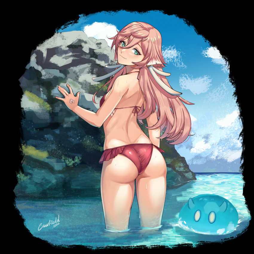 1girls ass bikini blush cawfield female female_only from_behind genshin_impact green_eyes pink_hair smile wet yanfei_(genshin_impact)