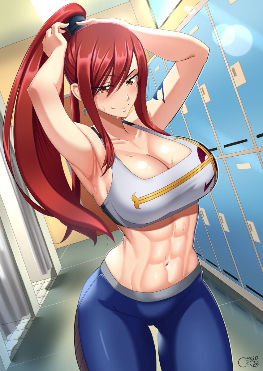 1girls 2022 abs armpits arms_behind_head arms_up breasts castell cleavage erza_scarlet fairy_tail female female_only fit fit_female hi_res hips huge_breasts indoors locker_room long_hair red_eyes red_hair sexy_armpits shoulder_tattoo slim_waist smile sports_bra sportswear sweat sweaty_body thick_thighs thighs wide_hips yoga_pants