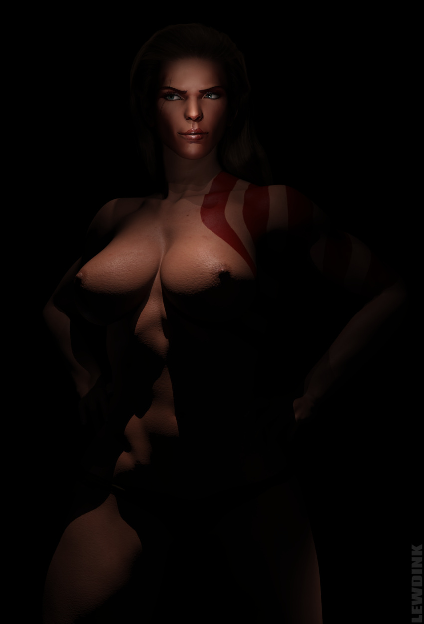 3d barbarian body_marking brown_hair chains dark_skin female fighter gender_transformation genderswap genderswap_(mtf) god_of_war hands_on_hips highres kratos lewdink looking_away muscular original smirk tattoo toned topless warrior