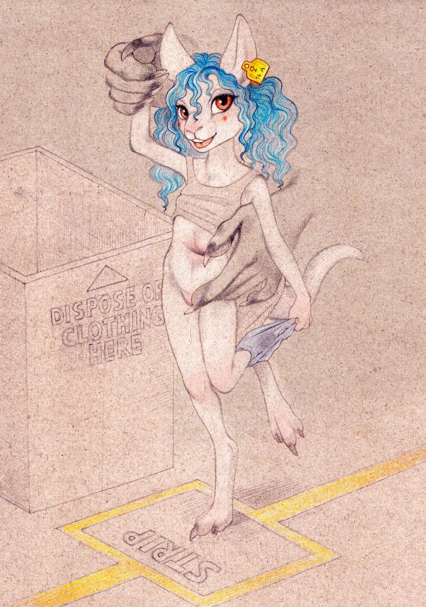 absurd_res ambiguous_gender anthro blue_hair bodily_fluids cailey claws clothing disembodied_hand duo ear_tag english_text faceless_ambiguous faceless_character female fuchs fur genital_fluids grey_kangaroo hair hi_res kangaroo macropod mammal marsupial navel open_mouth panties pussy_juice shirt solo_focus tank_top text toe_claws topwear underwear undressing white_body white_fur