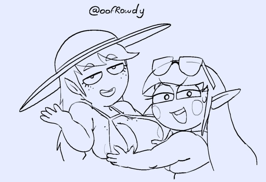 2girls areolae baubelle_(oofrowdy) elf elf_ears female female_only fondling fondling_breast leprechaun multiple_girls oofrowdy penny_(oofrowdy) pointy_ears shortstack smiling_at_viewer sun_hat sunglasses sunhat teeth