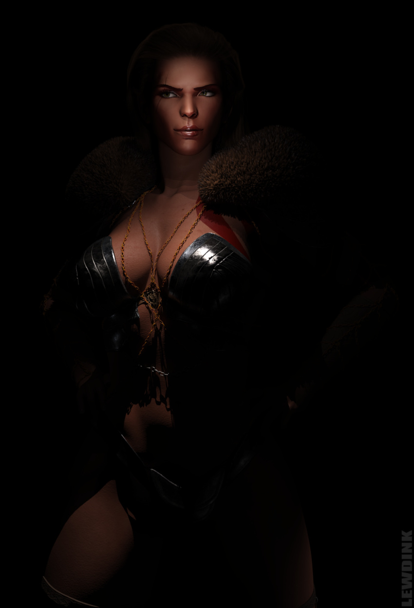 3d armor barbarian bikini_armor body_chain body_marking chains dark_skin fighter fur_collar gender_transformation genderswap genderswap_(mtf) god_of_war hands_on_hips highres kratos lewdink looking_away muscular original smirk tattoo toned topless warrior