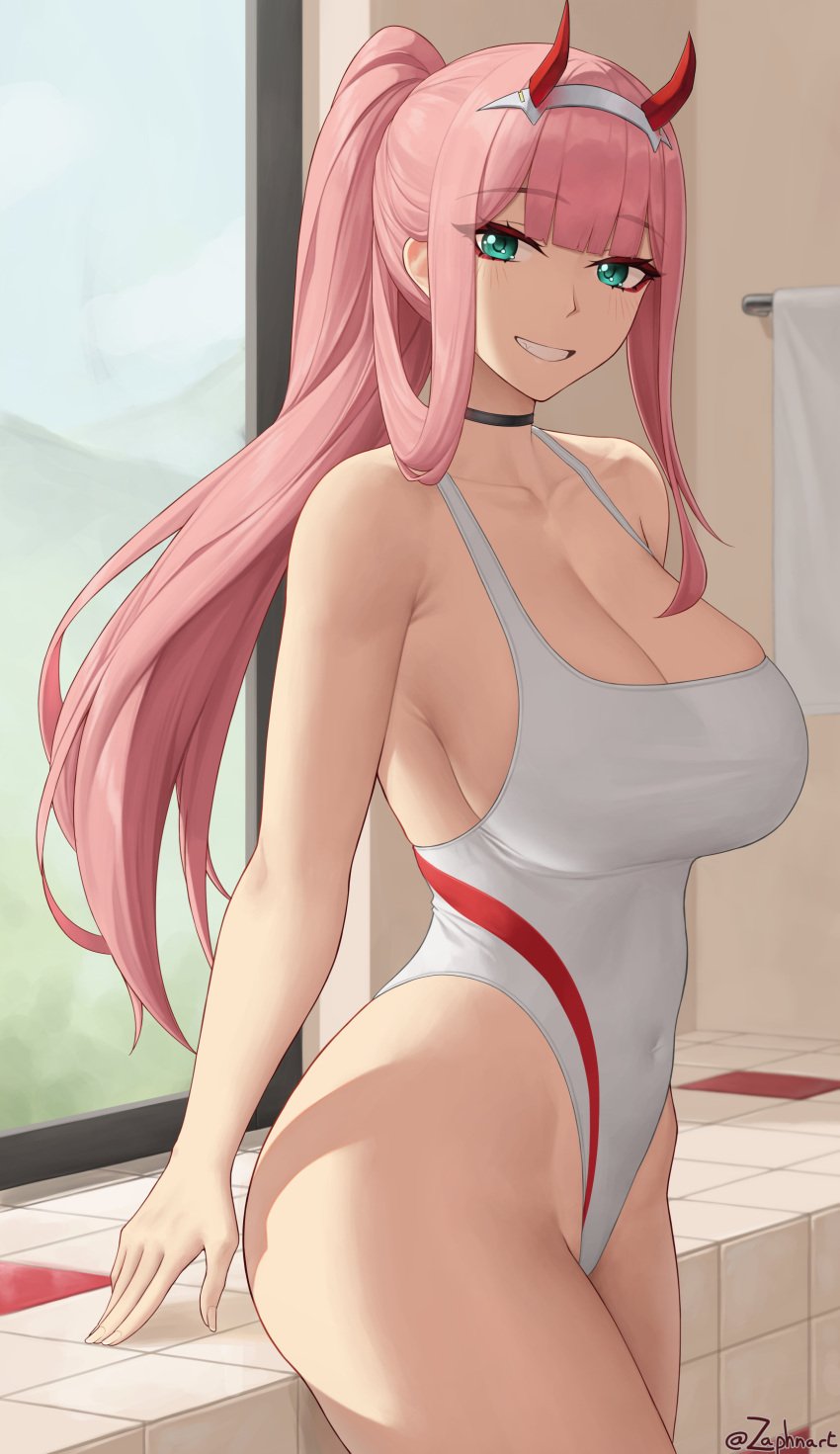 1girls 2022 alternate_breast_size breasts competition_swimsuit darling_in_the_franxx female female_only green_eyes hi_res hips horns huge_breasts long_hair naughty_face one-piece_swimsuit pink_hair slim_waist smile thick_thighs thighs wide_hips zaphn zero_two_(darling_in_the_franxx)