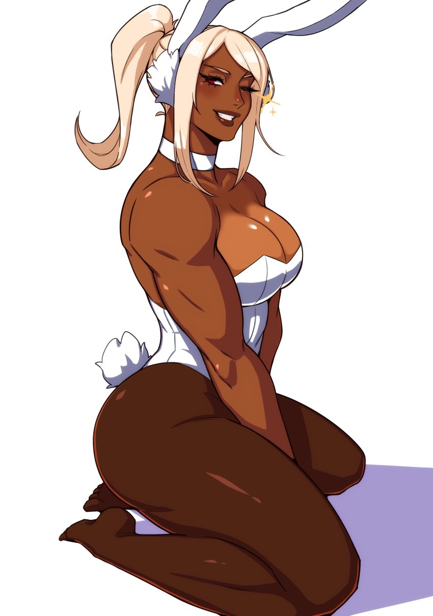 1girls alecto_0 bunny_ears bunny_tail bunnysuit choker cleavage dark-skinned_female dark_skin female female_only fully_clothed hi_res kneeling latex looking_at_viewer miruko muscular muscular_female my_hero_academia narrowed_eyes pantyhose red_eyes rumi_usagiyama shadow shiny_clothes side_view smiling smiling_at_viewer solo solo_female teeth_showing thick_thighs tight_clothing white_background wink winking_at_viewer